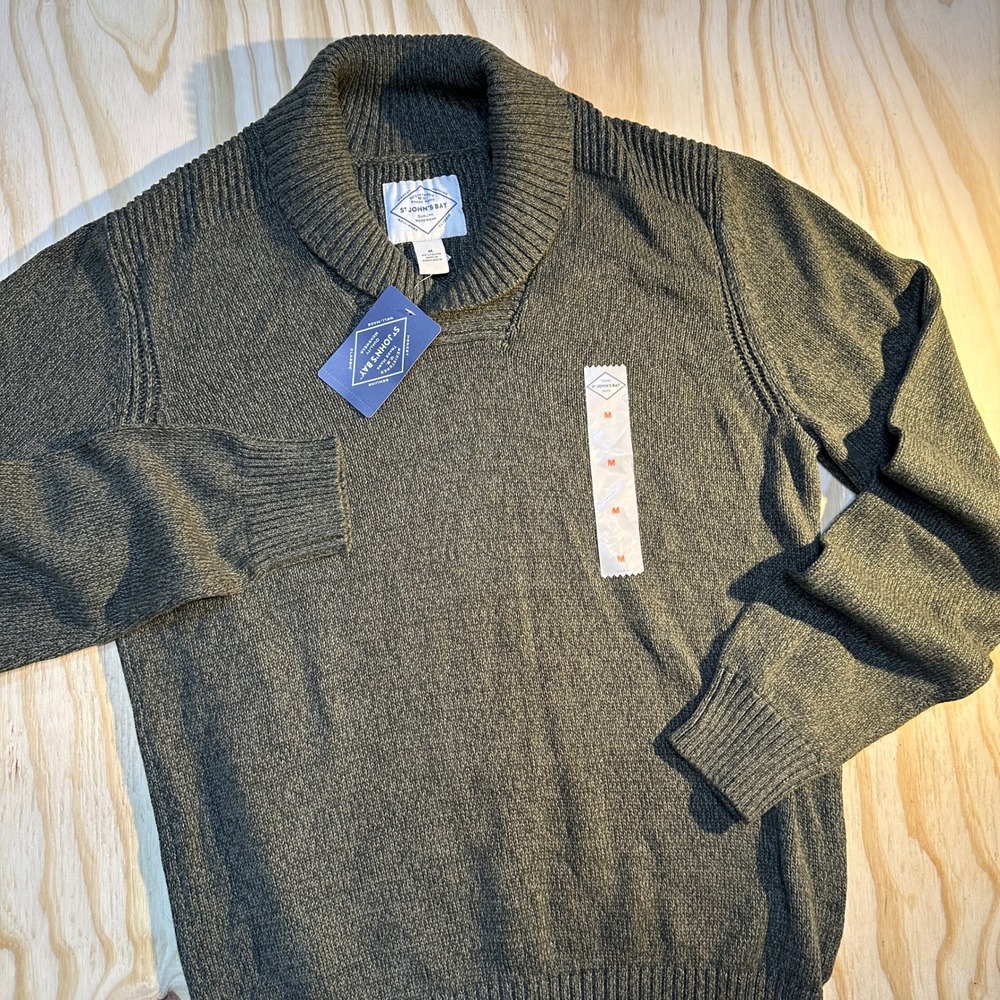 St Johns Bay Mens Medium Olive Marl Shawl Neck Cotton Knit Sweater